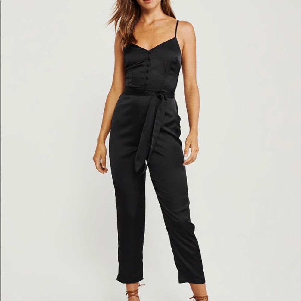 NWT button front black satin jumpsuit